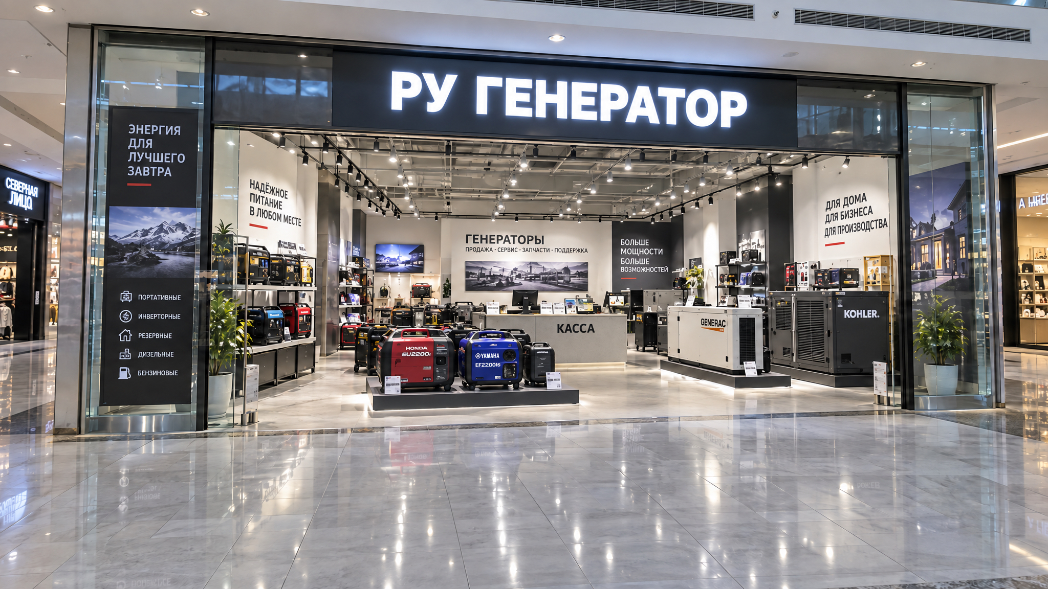 Вход и торговый зал магазина РУ-ГЕНЕРАТОР в Крокус Сити Молл